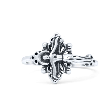 Filigree Swirl Petite Dainty Crucifix Religious Statement Oxidized Band Thumb Ring